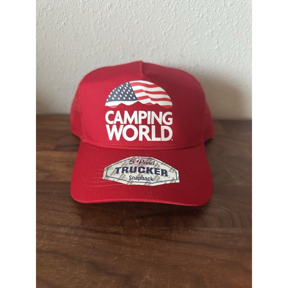 Camping World Red trucker hat Cap Mesh Snapback Adjustable American Flag